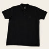 Legacy 220 GSM organic cotton men's polo shirt in rich black, flat front view.