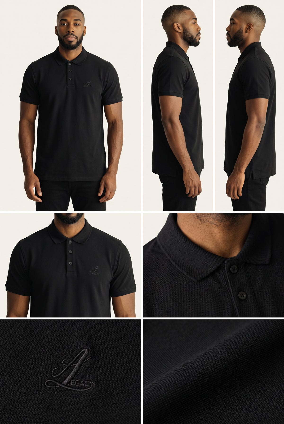 Front and side views of a men's black short-sleeve polo shirt in 220 GSM organic cotton.