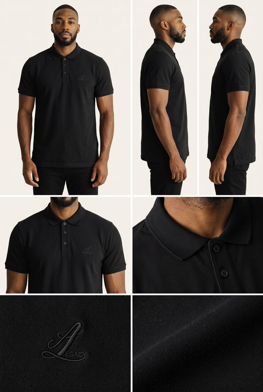 Front and side views of a men's black short-sleeve polo shirt in 220 GSM organic cotton.