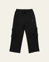Black Legacy heavyweight organic cotton cargo pants front view with wide legs, drawcord waist and two cargo pockets.