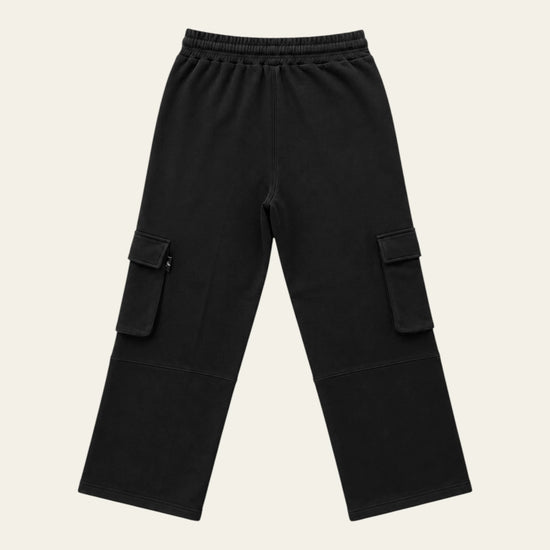 Back view of black Legacy wide-leg cargo pants with elastic waistband and flap cargo pockets.