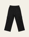 Back view of black Legacy wide-leg cargo pants with elastic waistband and flap cargo pockets.