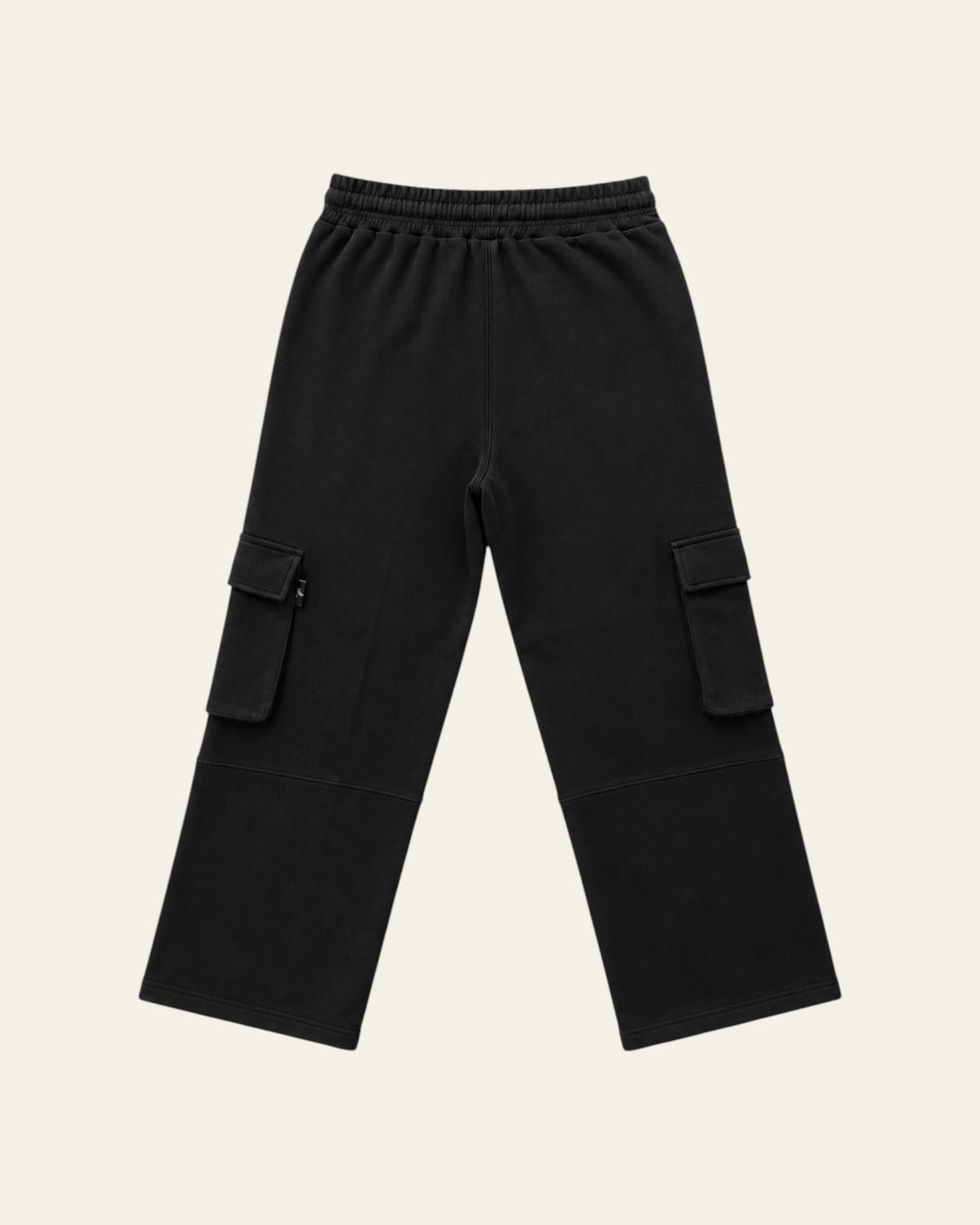 Back view of black Legacy wide-leg cargo pants with elastic waistband and flap cargo pockets.