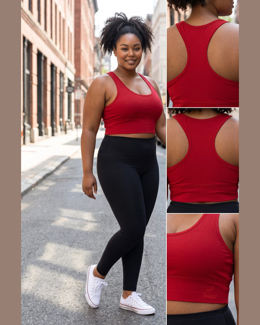 Model wearing the Legacy red cotton racerback sports bra with black leggings, showing front and back fit details.