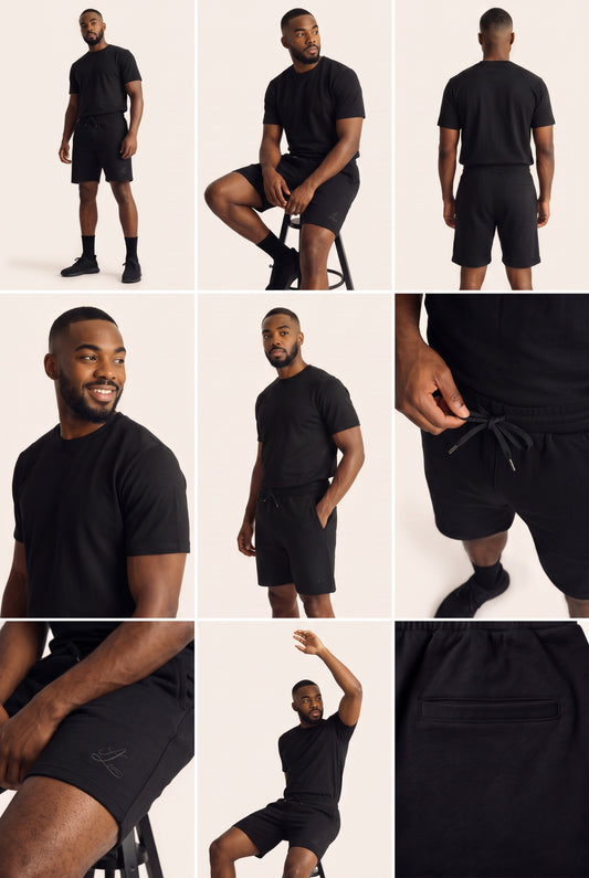 A 3x4 collage showing a male model wearing a black short-sleeve crewneck t-shirt and black athletic shorts from multiple angles, including front, back, and close-up detail shots of the shorts.